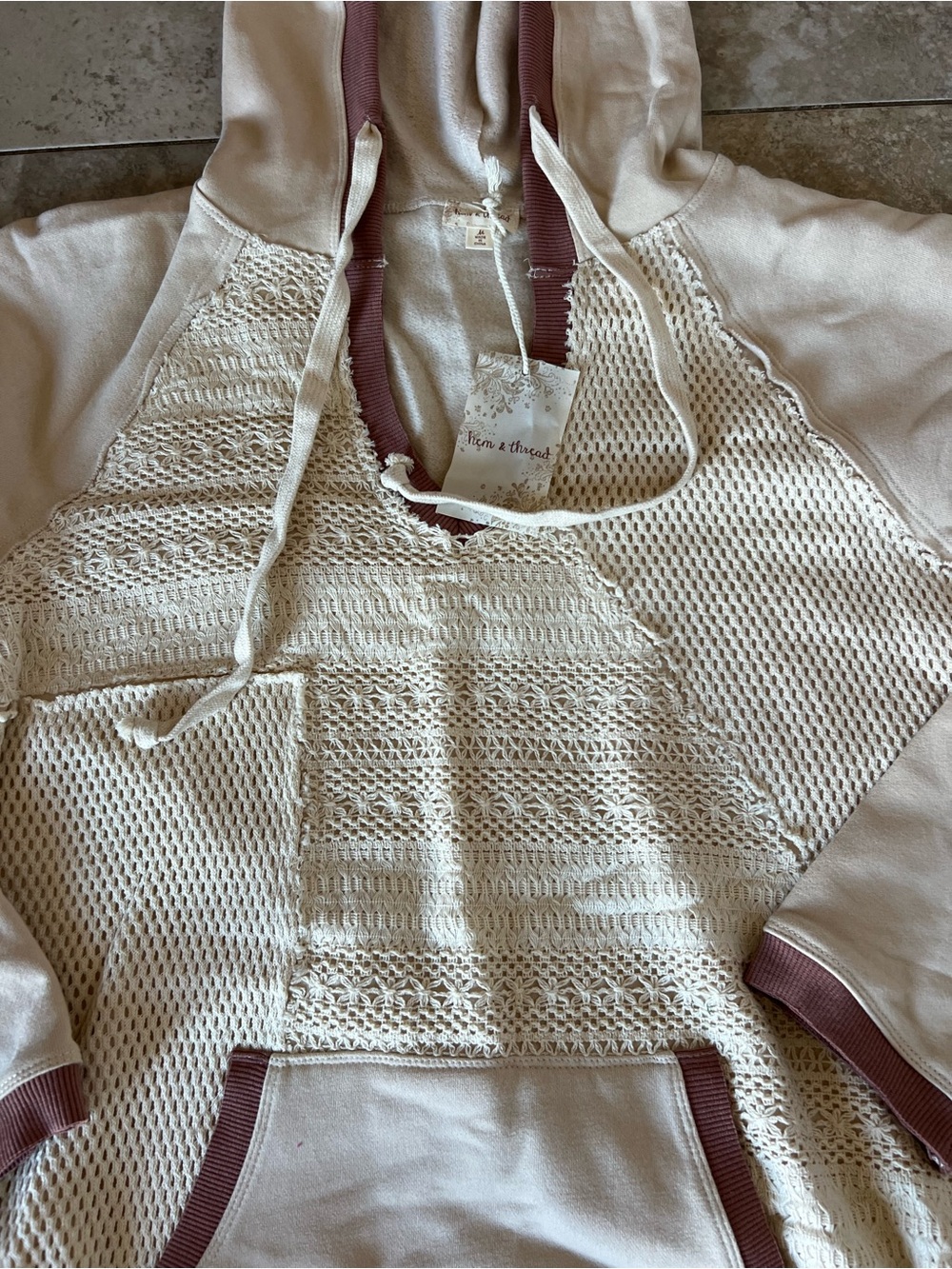 Hem & Thread Cream V-Neck Hooded Sweater with Mauve Trim - Picture 3 of 6